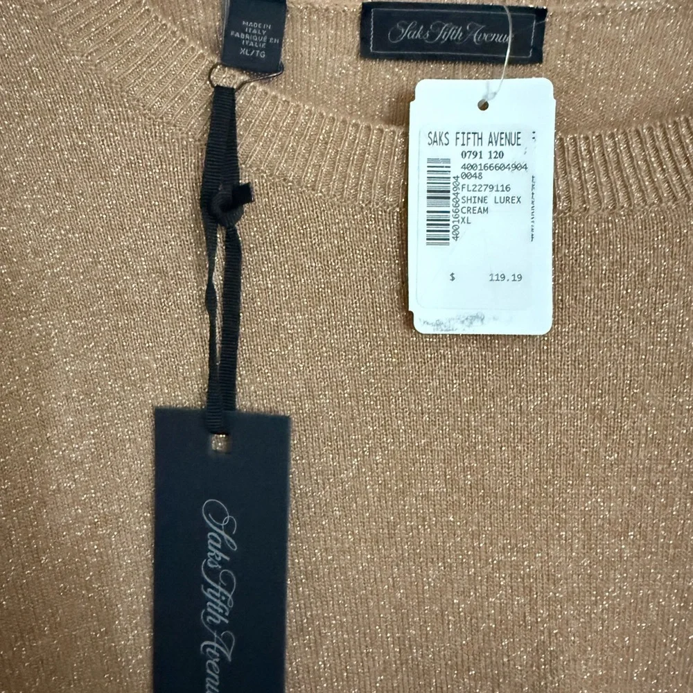 Saks Fifth Avenue Women’s Beige/Camel Crewneck Sweater with puffy sleeves - Picture 2 of 4